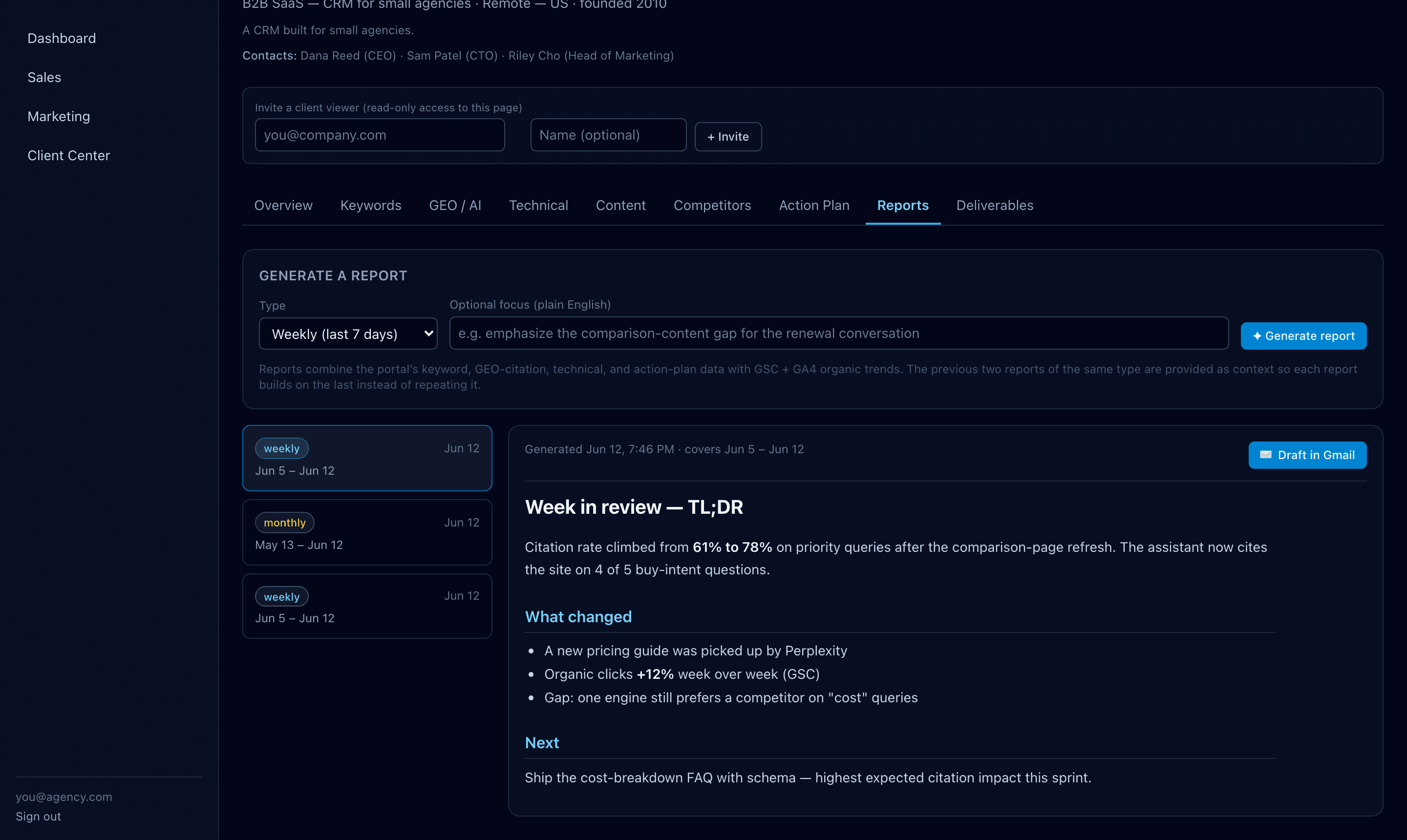 Crescendo client report — an AI-written weekly narrative covering citation rate, what changed, and next steps